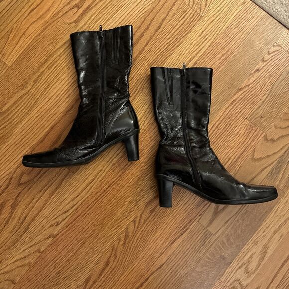 La Canadienne Womens 7 Boots Black Patent Leather 19168 Zip Mid Calf Square Toe - Picture 2 of 14